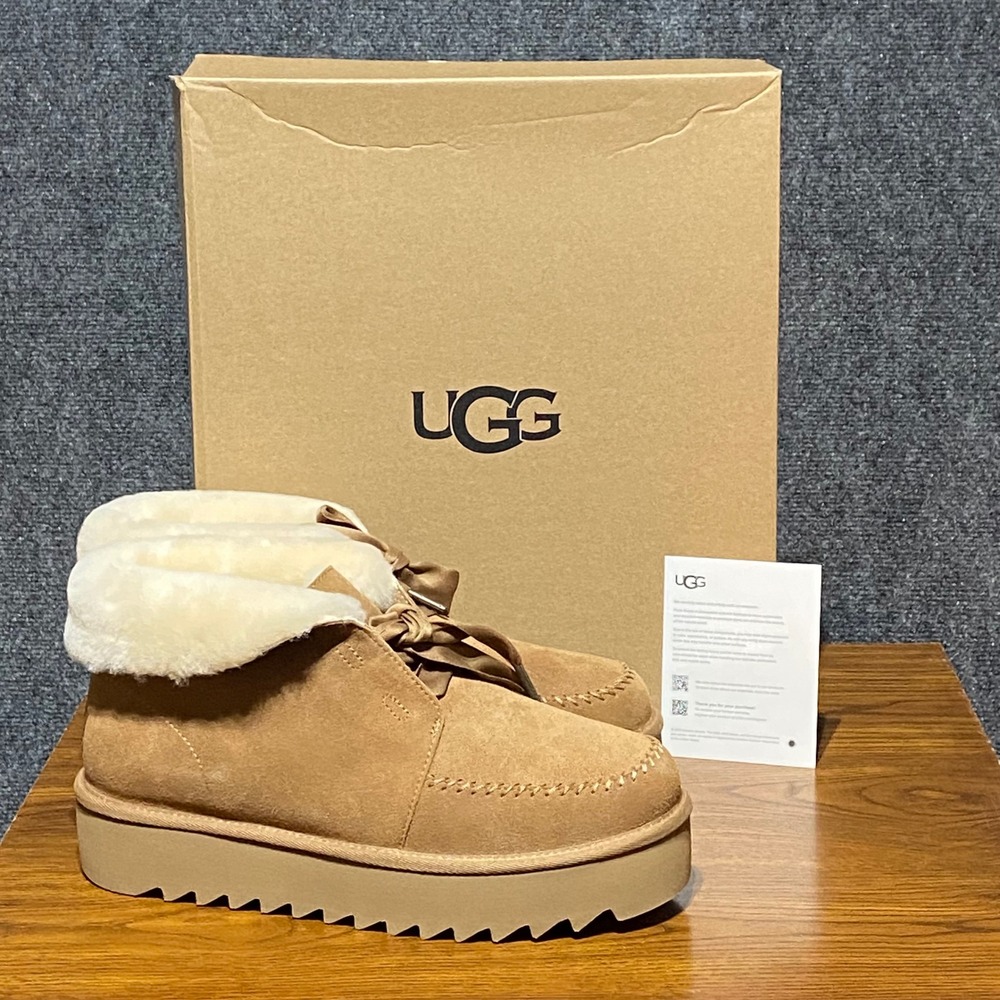 UGG Kallen Platform Chestnut Suede Sheepskin Ankle Boots 1174570 Women's 10 NEW